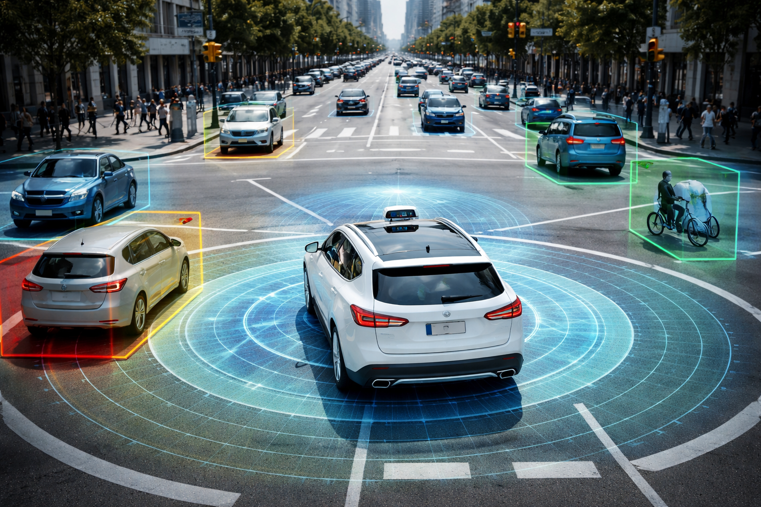 Autonomous vehicle navigating a city intersection with AI detection sensors visualized