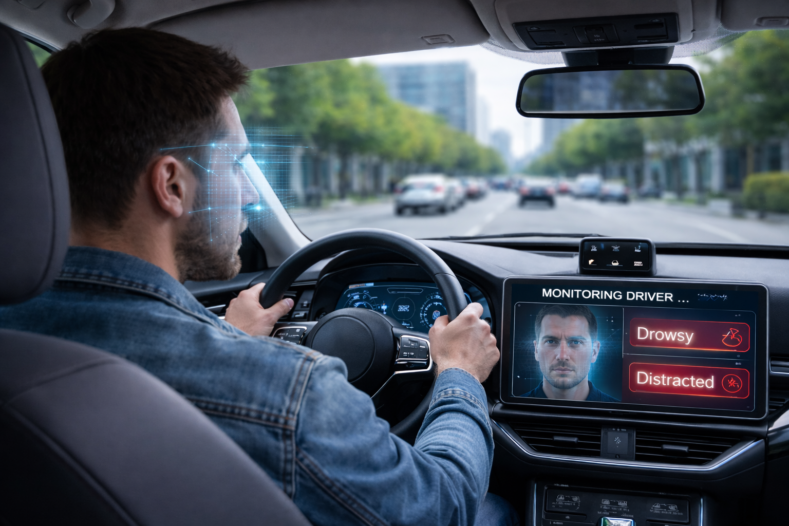 AI driver monitoring system detecting attention and fatigue inside a vehicle